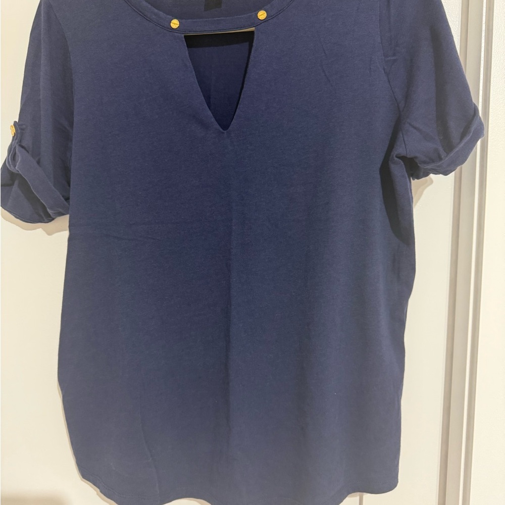 Michael Kors Navy Short-Sleeve Top with V-Notch and Gold Accents